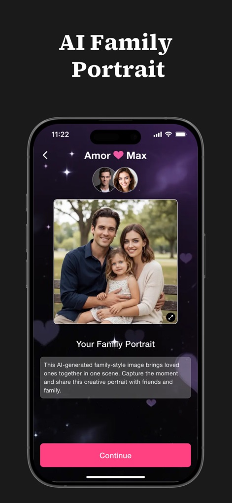 Amora Max - Find Your Soulmate - The AI-generated 'Family Portrait' visualizes loved ones together in one scene, complete with a descriptive text block explaining this creative projection.