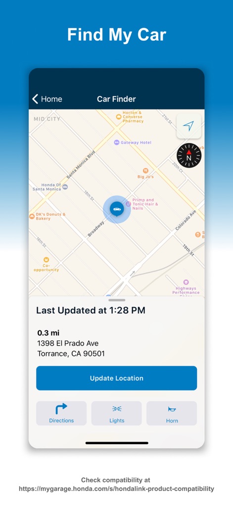 HondaLink - この画面では、地図上で車両の「現在位置」を正確に示し、最終更新時刻や「目的地までの距離0.3マイル」を提供します。