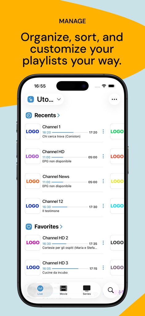 IPTV World: Watch Your TV - Users can efficiently navigate their content through dedicated 'Recents' and 'Favorites' sections, complemented by a versatile bottom navigation bar.