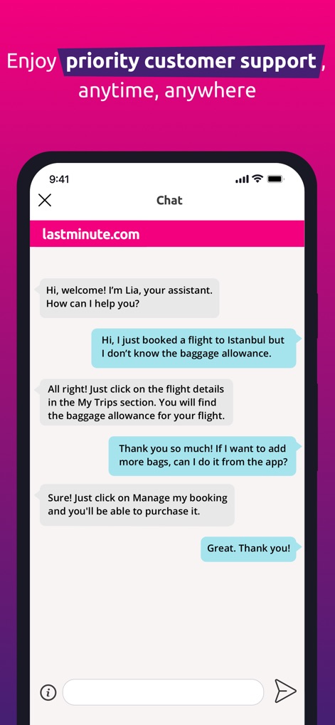 lastminute.com - Travel Deals - Access immediate assistance through the in-app 'chat interface with a virtual assistant', capable of addressing common 'booking management queries' efficiently.