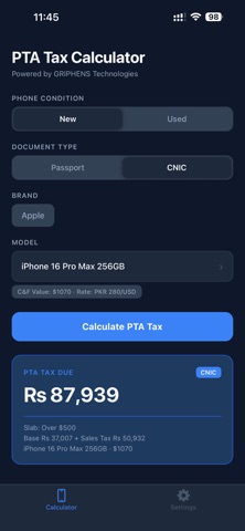 PTA Mobile Tax Calculator iPhone screenshot