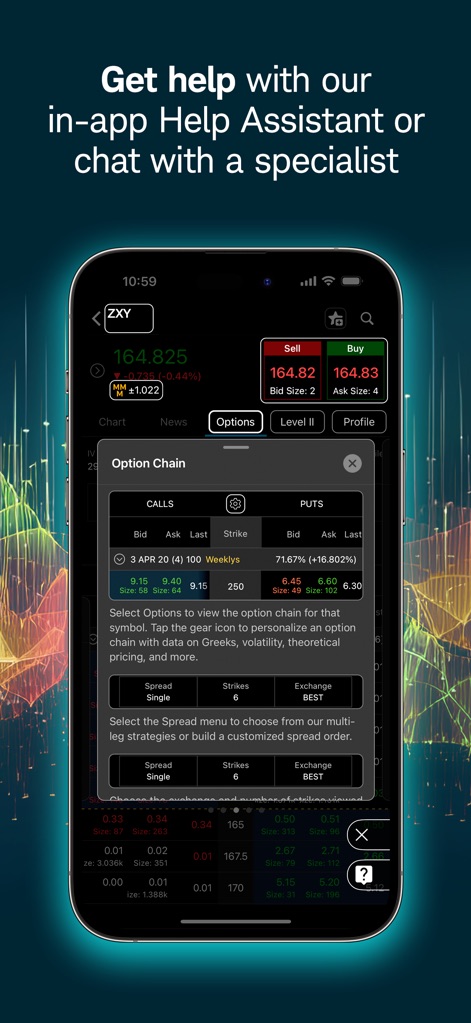 thinkorswim: Trade. Invest. - Dieses Tool ermöglicht den Handel mit Optionen, wobei detaillierte "Calls" und "Puts" angezeigt werden, und bietet sofortige Unterstützung durch den "Help Assistant" bei Fragen.