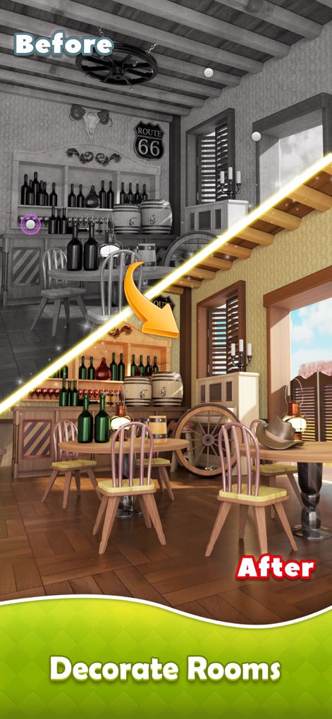 Bricks Ball Journey - This scene showcases the satisfying "Before" and "After" transformation of a room, allowing users to personalize detailed decor elements and furniture.