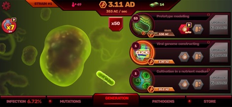 Patient Zero: Virus game - The generation interface for bacterial pathogens features specific 'Prototype modelling' and 'Viral genome constructing' upgrades to enhance its growth.