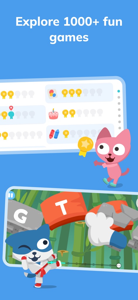 Learn Spanish – Studycat - The app offers a vast library of "1000+ fun games," visible in the extensive game progress grid and the dynamic action game interface.