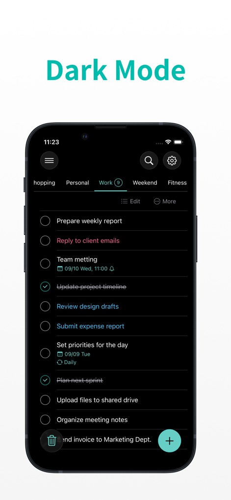 Minimal Tabbed ToDo List - The app fully supports Dark Mode, providing a visually comfortable experience with a dark background and easily readable white text, as seen in the 'Work' tab.