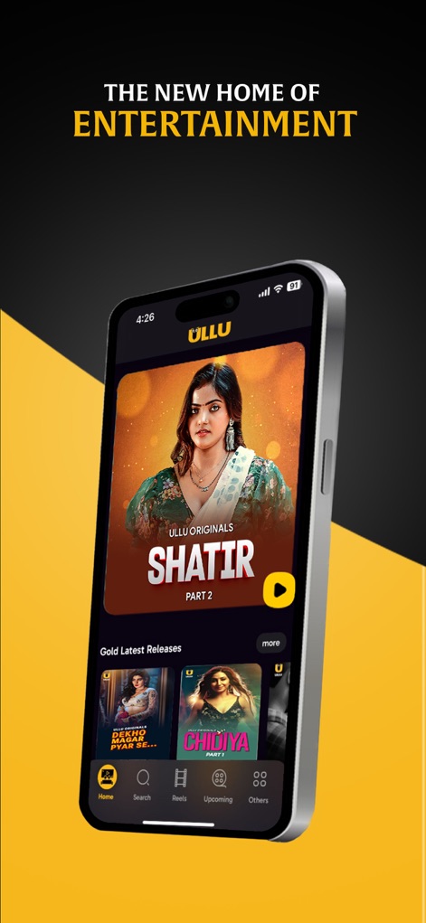 ULLU - The app delivers an immersive home experience, showcasing featured content like "SHATIR PART 2" and offering convenient access to "Gold Latest Releases" below.