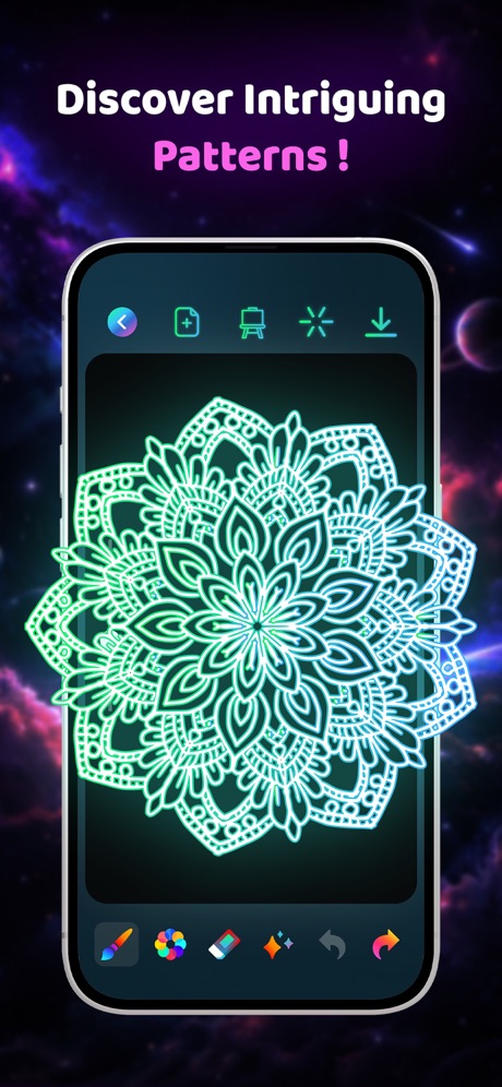Doodle Magic: Glow Art Drawing App Store screenshot 4, headline “Discover Intriguing Patterns !”. Exclaims.