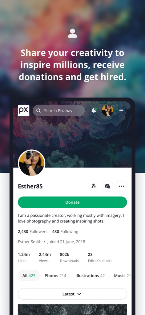 Pixabay - Observe how users showcase their creative portfolio with visible engagement metrics and a dedicated donation option, connecting with a global audience.
