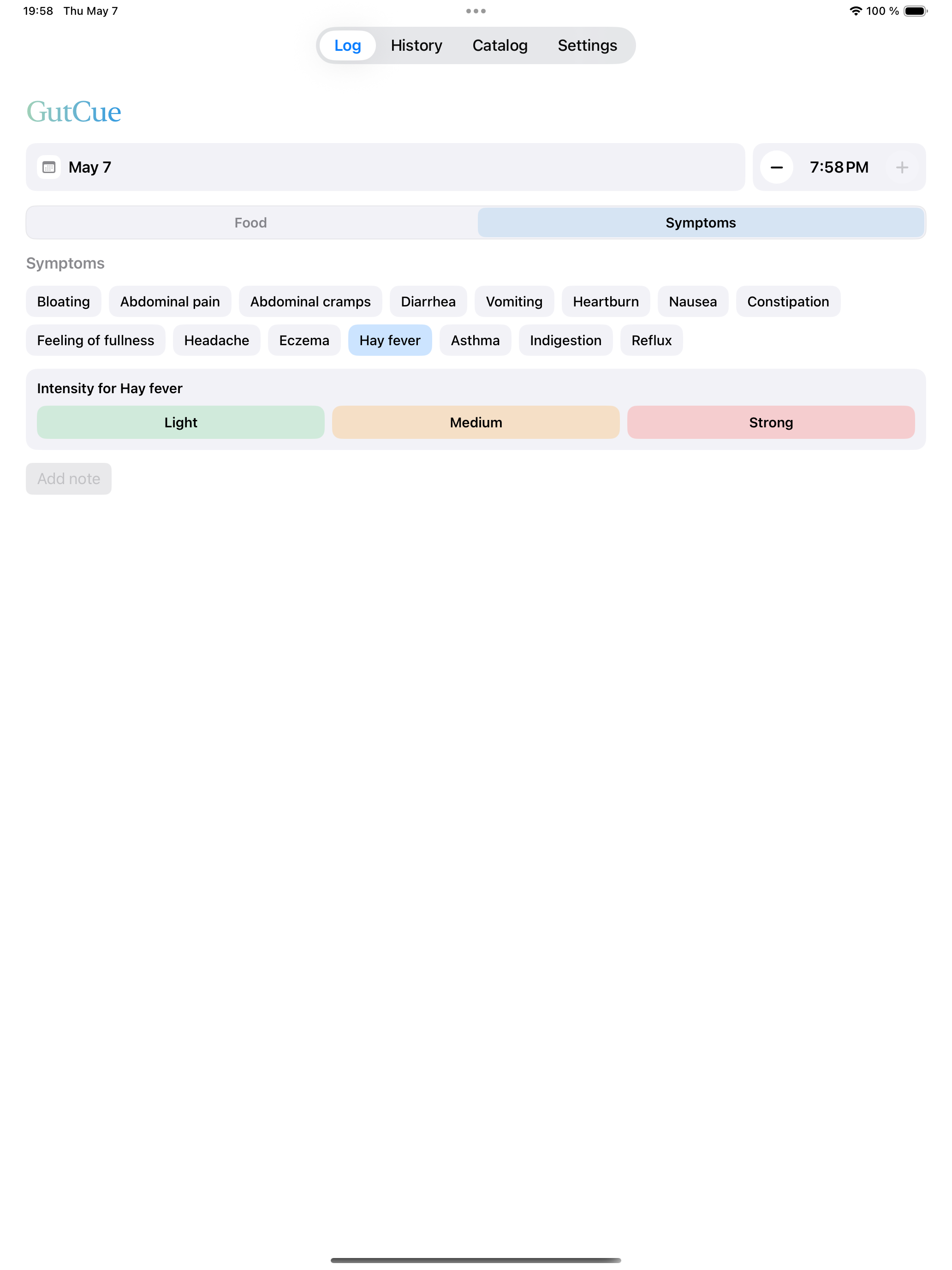 GutCue Food & Symptom Log