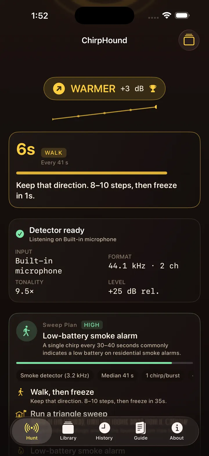 ChirpHound iPhone 6.7" screenshot 1: Times repeating beeps so you can find the beeping device.