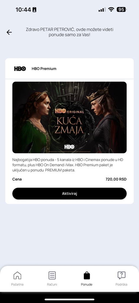 Moj SBB - O aplicativo apresenta ofertas exclusivas e personalizadas, como a do 'HBO Premium' destacada pela imagem 'Kuća Zmaja', com um botão 'Aktiviraj' (Ativar) para adesão instantânea.