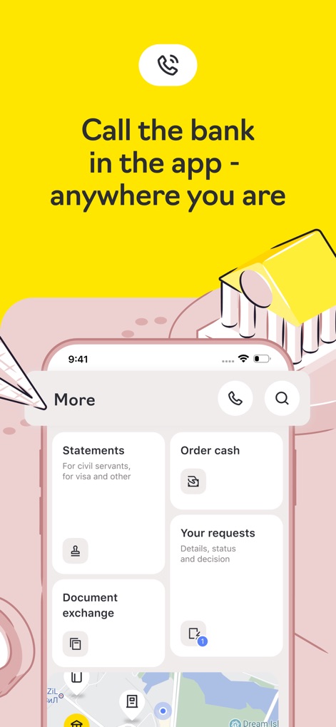Райффайзен Онлайн Банк Россия - Der Screenshot illustriert den 'More'-Bereich der App, der erweiterte Serviceoptionen wie das Anfordern von Kontoauszügen bietet, ergänzt durch eine integrierte Kartenfunktion zur Lokalisierung von Filialen und Geldautomaten.