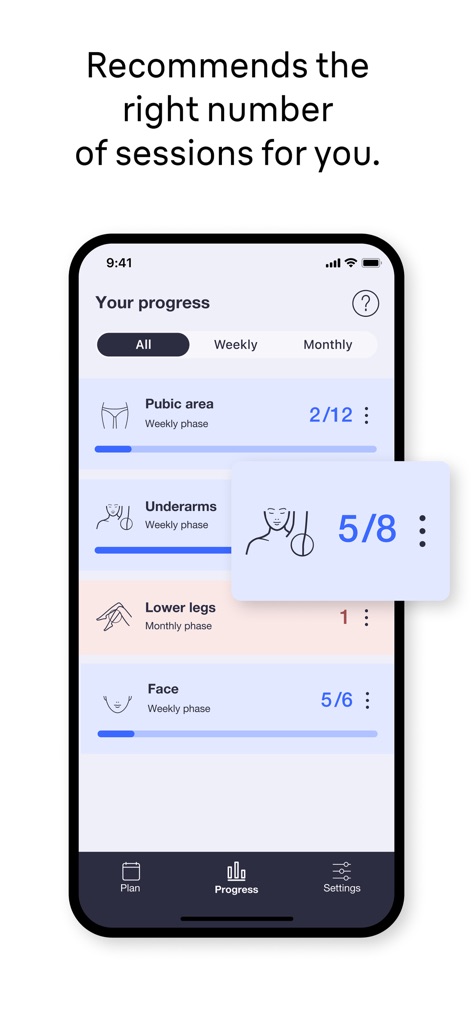 Braun IPL app - The app provides a clear progress overview for various body areas, indicating the current session count and recommended total number of sessions.
