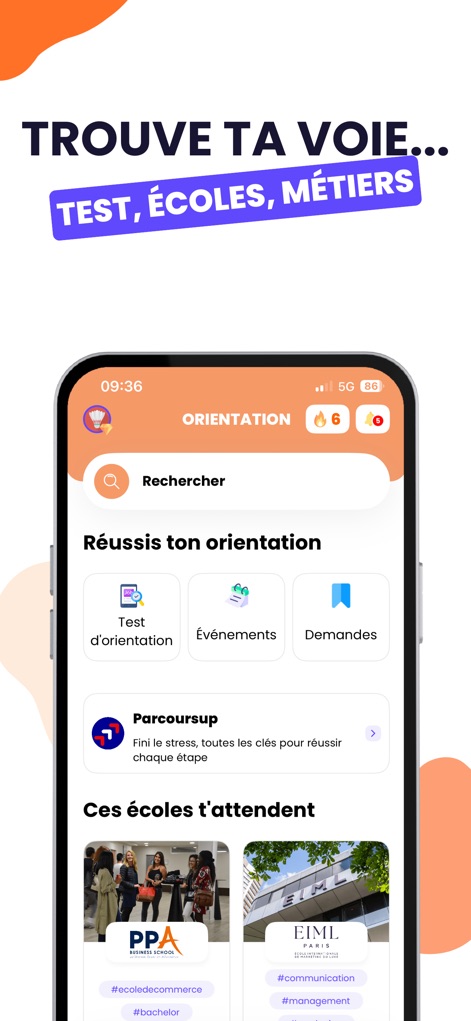 Brevet Bac Licence 2026 Nomad - The app offers an extensive 'Orientation' section with a dedicated 'Test d'orientation' and curated school listings to help students find their path.