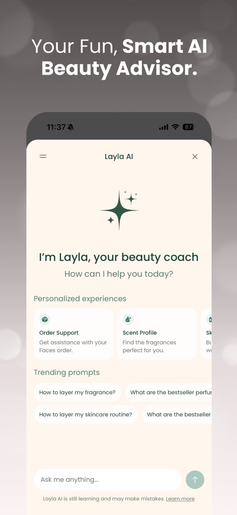 FACES Beauty – فيسز - Los usuarios pueden interactuar con 'Layla AI', un asistente de belleza virtual que ofrece 'Personalized experiences' como perfiles de fragancias y rutinas de cuidado de la piel para una experiencia de compra adaptada.
