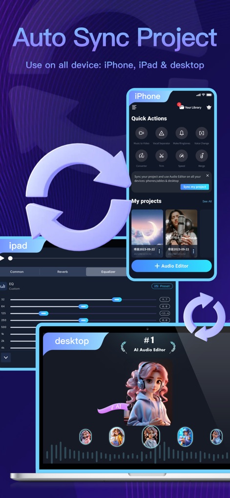 Audio Editor - AI Music Editor - プロジェクトはiPhone、iPad、デスクトップ間で自動的に同期され、ユーザーはどこからでも作業を継続し、主要なクラウドサービスと連携できます。