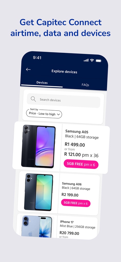 Capitec Bank - This feature showcases various device purchase options, such as Samsung and iPhone models, often bundled with integrated data packages from Capitec Connect.