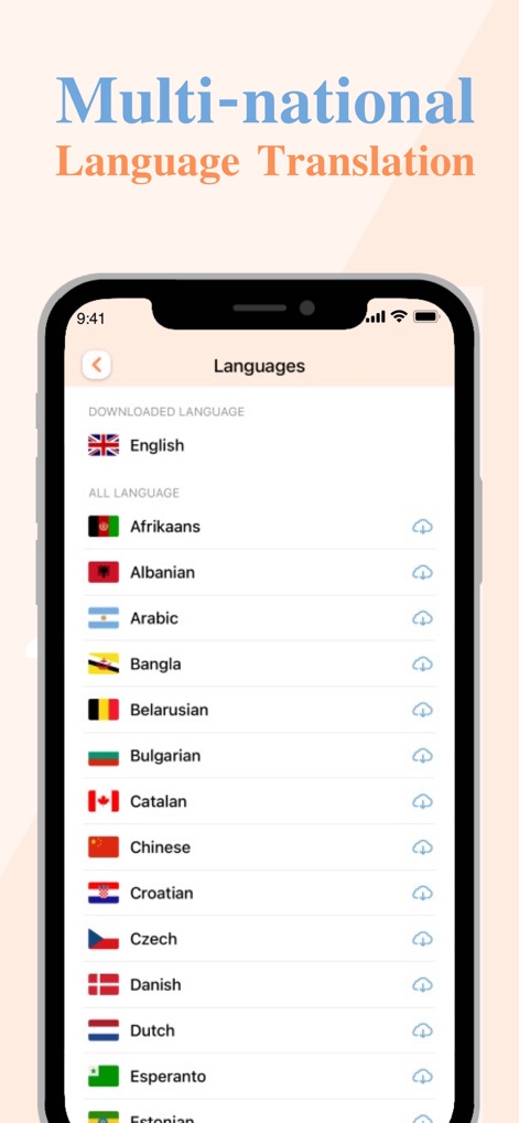 Siko Translator-Multilingual - Discover the comprehensive list of available languages, featuring distinct national flags and cloud icons indicating download availability for seamless offline access.