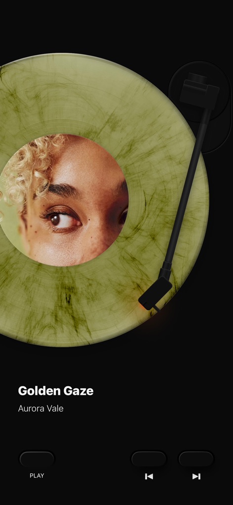 MD Vinyl for Music App - La interfaz permite un diseño personalizado de la experiencia de escucha, con un vinilo verde marmolado que exhibe una carátula detallada y opciones de reproducción en la parte inferior.