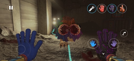Poppy Playtime Chapter 4 - Os usuários confrontam uma criatura grotesca com penas coloridas e dentes afiados em um ambiente subterrâneo escuro, com as luvas do jogador exibindo a funcionalidade de agarre e energia.