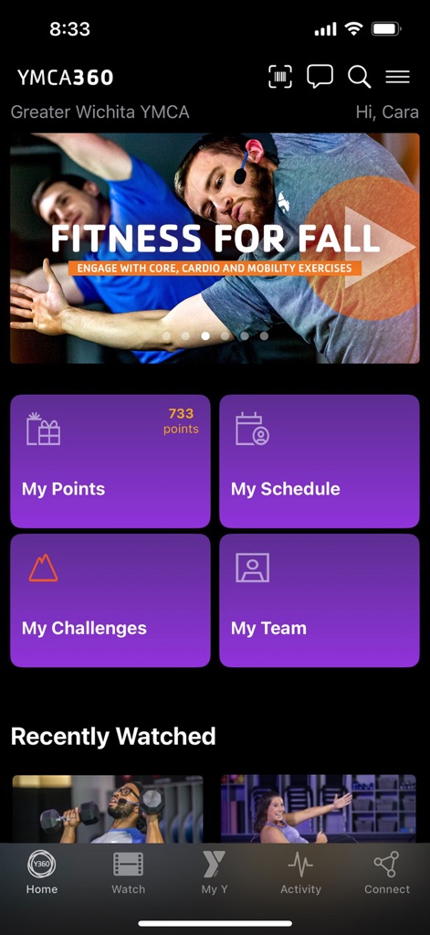 YMCA360 - L'application centralise votre parcours avec des sections claires comme 'Mes Points' pour suivre vos progrès et les contenus 'Récemment Regardés' pour une reprise facile.