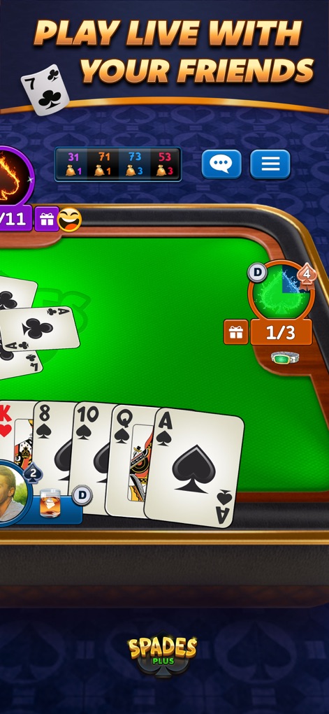 Spades Plus - Card Game - Discover the interactive 'Live Chat' feature and engaged 'Player Avatars' that enhance the social gaming experience with friends.