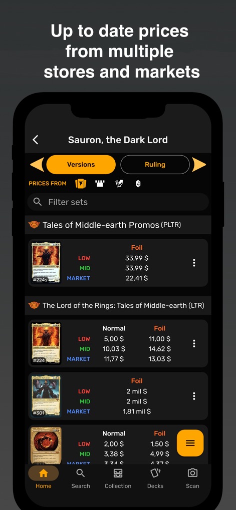 ManaBox MTG - Access up-to-date pricing information from various marketplaces, displaying distinct values for normal and foil versions across different sets.