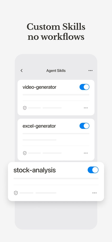 Manus - AI Agent & Automation - Os usuários podem personalizar as habilidades do agente, como ativar ou desativar o 'video-generator' e o 'excel-generator', adaptando as funcionalidades às suas necessidades.