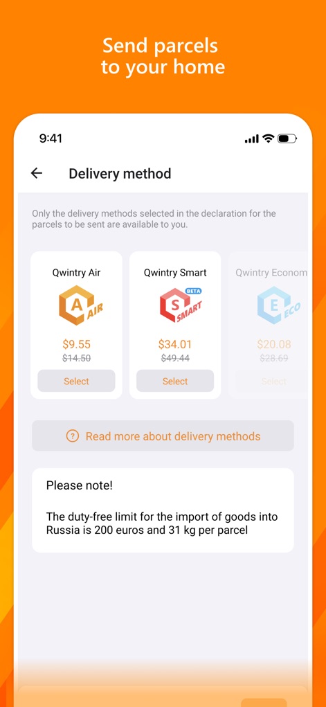 Qwintry - Los usuarios pueden elegir entre diferentes métodos de envío internacional adaptados a sus necesidades y presupuesto, destacando opciones como 'Qwintry Air' y 'Qwintry Smart' con precios claros para su selección.