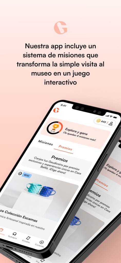 Gaudi App - Questa vista illustra il sistema di gamification dell'app, mostrando la sezione "Premios" con oggetti come "Taza Colección Escamas" riscattabili con i "Gaudicoins" e l'indicatore "Te quedan 4 misiones más!" per le sfide rimanenti.