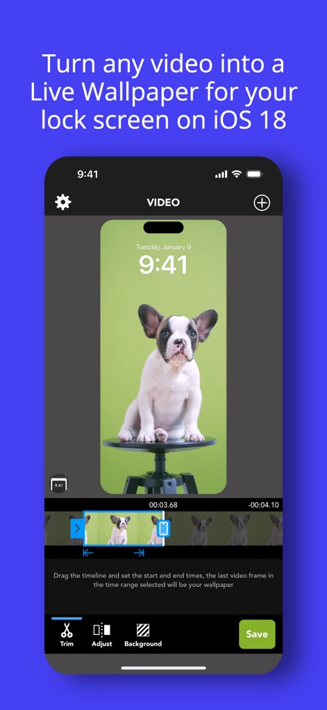 Video Wallpaper · Lock Screen - La aplicación permite convertir cualquier video en un fondo de pantalla en vivo, destacando el editor de línea de tiempo para recortes precisos y los botones de control para ajustes.
