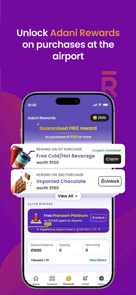 Adani OneApp: For Smart Travel - Users can unlock various benefits, including 'Guaranteed FREE reward' upon purchase and tiered incentives such as 'Super Reward' for premium services.