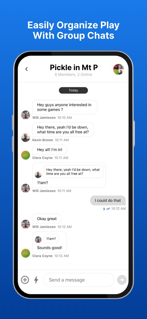 DUPR - This feature enables seamless communication among players through group chats, displaying message bubbles with participant names for easy coordination of games.