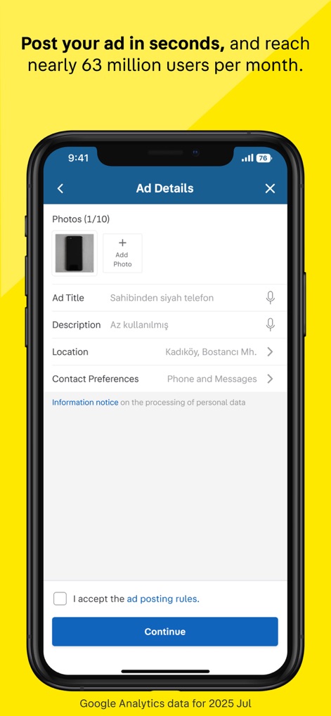 sahibinden #AlSatKiralaKesfet - Os usuários podem publicar anúncios em segundos nesta interface intuitiva, preenchendo campos como o "Ad Title" e adicionando "Photos".