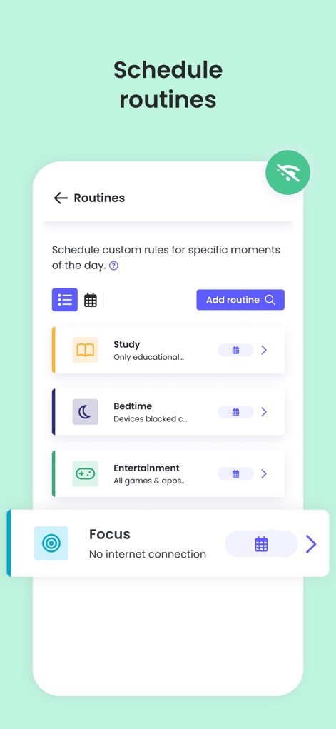 Qustodio Parental Control App - Discover how the app enables creating custom "Routines" for distinct activities like "Study" and "Bedtime", offering structured digital time management.