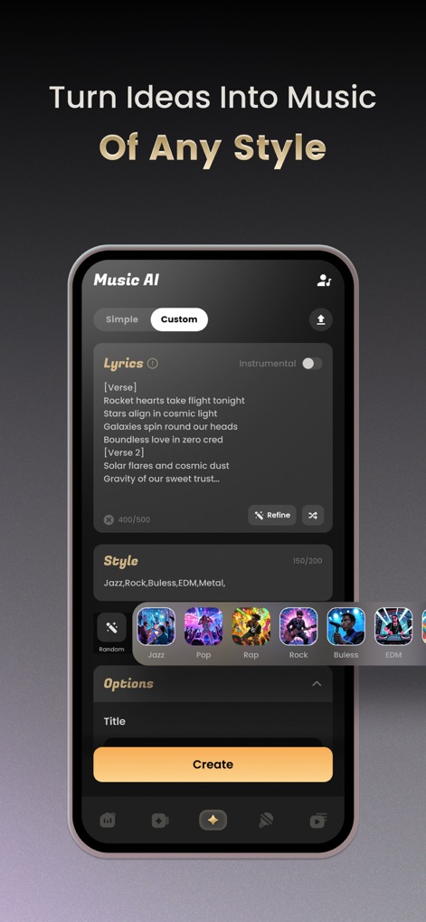 Music AI - MV Video Generator - The app enables users to input "Custom" lyrics and select from an array of styles, including "Jazz" and "EDM", to tailor their musical output.