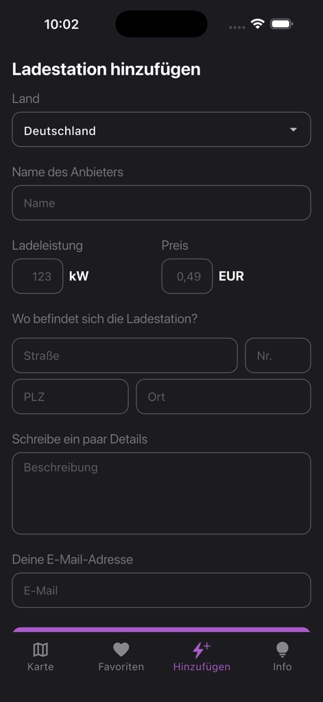 Ad-Hoc Map - This tool allows users to contribute to the network by adding new charging stations, specifying details such as the exact location and charging capacity (kW).