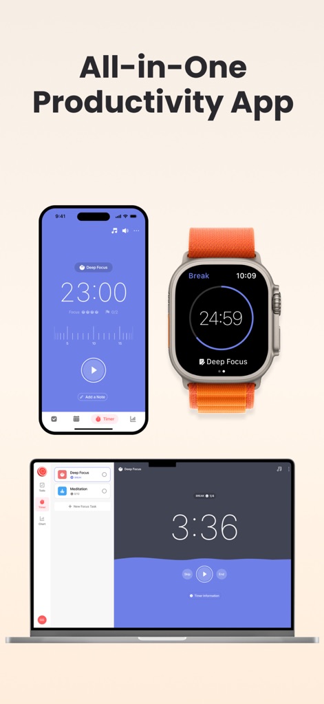 Focus Keeper - Pomodoro Timer - La aplicación asegura una experiencia multiplataforma fluida, mostrando su interfaz adaptada en iPhone, Apple Watch y una versión de escritorio para Mac, facilitando la continuidad del trabajo concentrado.