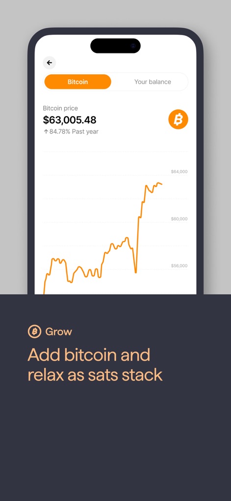 Bitkey - Bitcoin Wallet - 사용자는 앱 내에서 비트코인의 과거 1년 시세 변화를 오렌지색 선 그래프로 확인할 수 있습니다. 현재 비트코인 가격과 함께 상승률이 명확하게 표시되어 자산 가치 변화를 모니터링할 수 있습니다.
