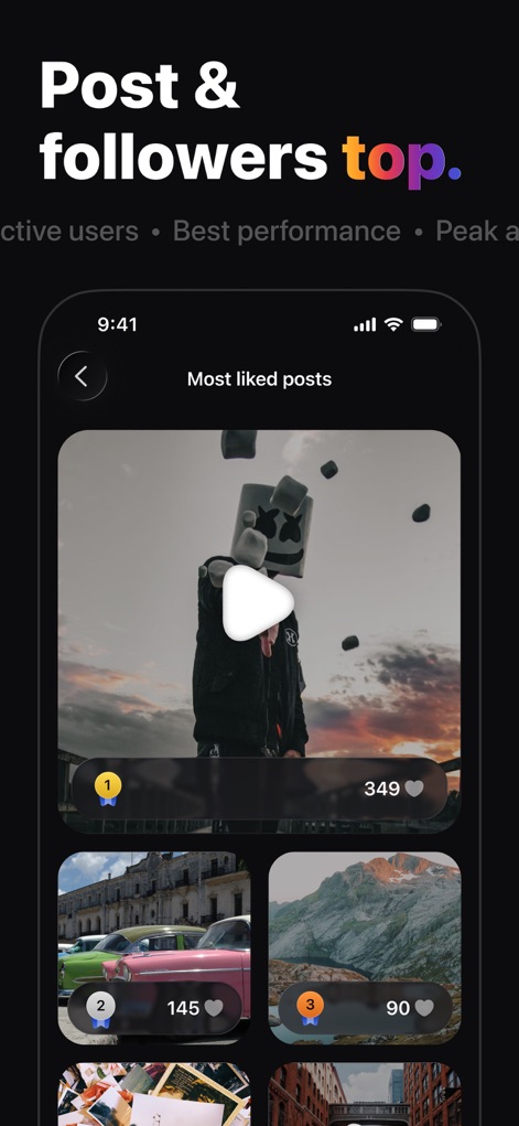 Followers & Unfollowers + - The app intelligently identifies 'Top Content Performance', showcasing your 'Most liked posts' with visual rankings and their corresponding engagement metrics.