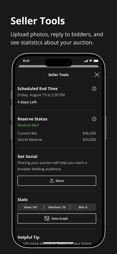 Bring a Trailer Auctions - Vendedores têm acesso a "Estatísticas" detalhadas sobre suas listagens ativas, incluindo visualizações e lances, além do "Status da Reserva" para gerenciar o processo de leilão.
