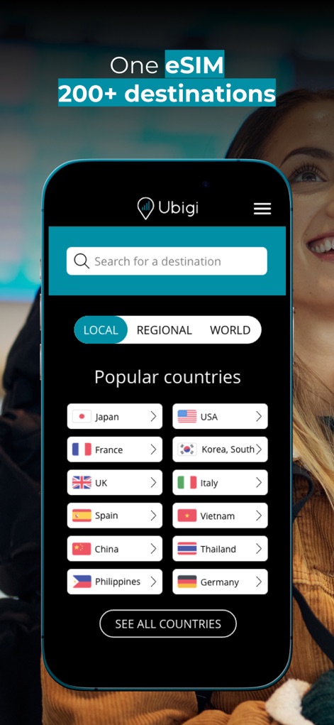 Ubigi: Travel eSIM mobile data - La interfaz principal de la aplicación presenta una lista intuitiva de países populares con sus banderas correspondientes, y permite a los usuarios filtrar por opciones "LOCAL", "REGIONAL" y "WORLD" para encontrar el plan de datos perfecto.