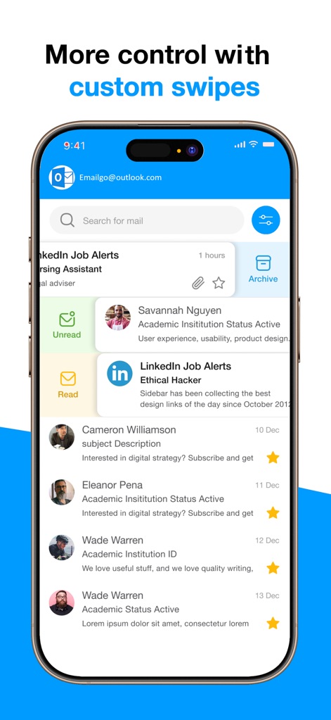 Email for Hotmail, Outlook - A funcionalidade de gestos é ilustrada com as opções "Arquivar" e "Não lida" surgindo ao deslizar um e-mail, otimizando o gerenciamento da caixa de entrada.