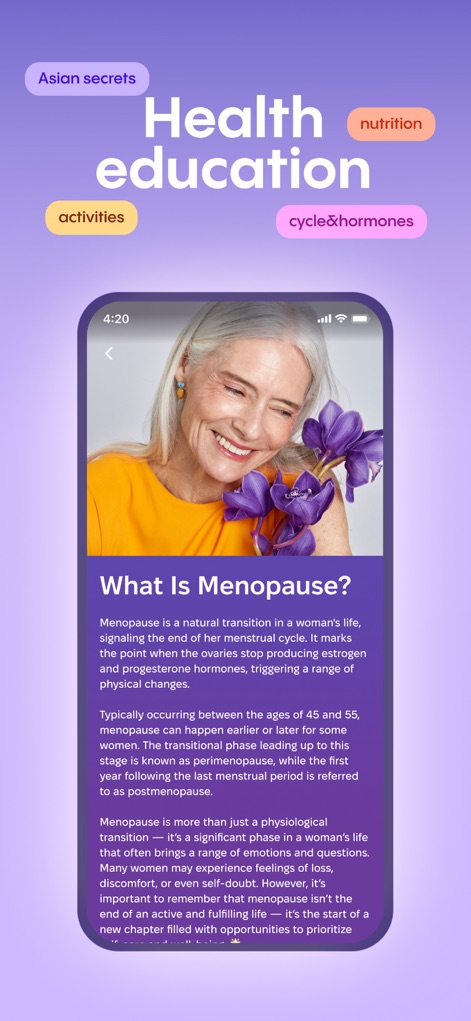 HARNA: Workout & Fitness - Découvrez comment l'application fournit des contenus éducatifs approfondis, comme des articles sur la ménopause, et organise des informations essentielles sur la nutrition et les hormones.