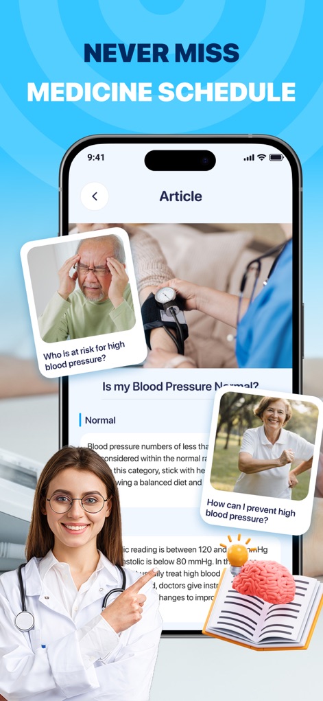 BP Tracker: Pressure Log - Access valuable educational articles within the app, providing expert information such as 'Is my Blood Pressure Normal?' and practical advice on prevention through informative cards.