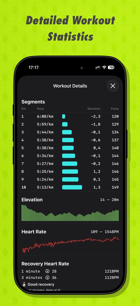 RUN — Running Club & Tracker - Explore comprehensive workout details through segment breakdowns and visual charts, revealing critical data such as elevation changes and detailed heart rate zones.