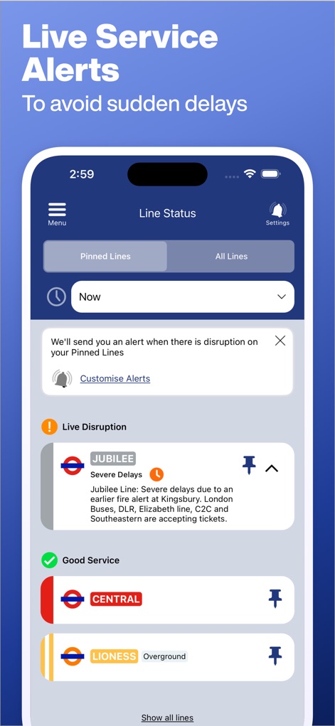 Tube Map - London Underground - Nutzer können sich über den Echtzeit-Linienstatus informieren, der aktuelle Störungen wie die "Severe Delays" der Jubilee Line und den "Good Service" anderer Linien klar anzeigt.