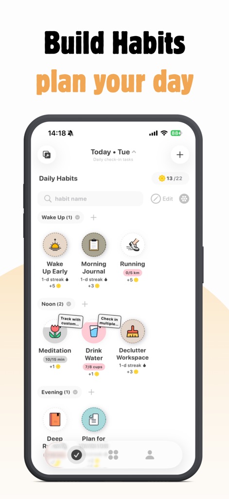 ShineDay: Micro Habit Tracker - Observe how users can effortlessly plan their day with visually distinct habit icons and monitor overall daily progress with a clear completion tracker at the top.