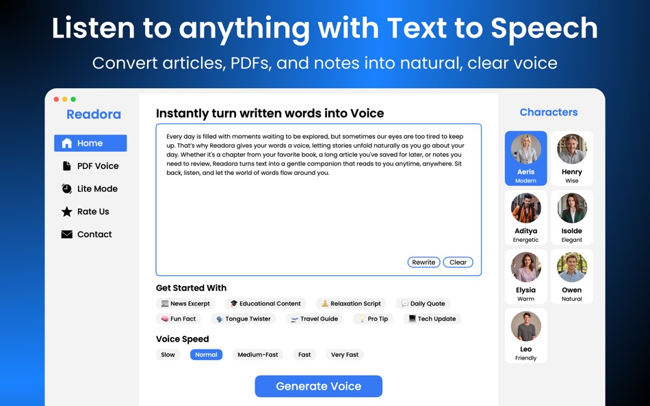 #1. Text to Speech App - Readora (macOS) Bởi: Rab Nawaz Ali
